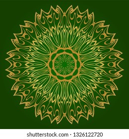 Ornamental Circle Pattern. Hand Draw Mandala. Vintage Decorative Elements. Vector Illustration. Anti-Stress Therapy Pattern. Green gold color.