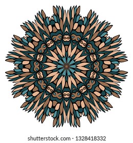 Ornamental Circle Pattern. Hand Draw Mandala. Vintage Decorative Elements. Vector Illustration. Anti-Stress Therapy Pattern. Brown, green color.