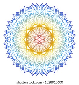 Ornamental Circle Pattern. Hand Draw Mandala. Vintage Decorative Elements. Vector illustration. Red, yellow, blue gradient. For Book, Greeting Card, Invitation, Tattoo. Anti-Stress Therapy Pattern