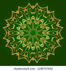 Ornamental Circle Pattern. Hand Draw Mandala. Vintage Decorative Elements. Vector Illustration. Anti-Stress Therapy Pattern. Green gold color.