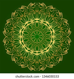 Ornamental Circle Pattern. Hand Draw Mandala. Vintage Decorative Elements. Vector Illustration. Anti-Stress Therapy Pattern. Green gold color.
