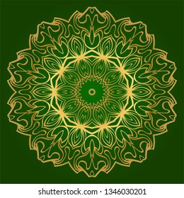 Ornamental Circle Pattern. Hand Draw Mandala. Vintage Decorative Elements. Vector Illustration. Anti-Stress Therapy Pattern. Green gold color.