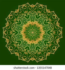 Ornamental Circle Pattern. Hand Draw Mandala. Vintage Decorative Elements. Vector Illustration. Anti-Stress Therapy Pattern. Green gold color.