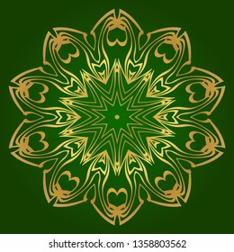 Ornamental Circle Pattern. Hand Draw Mandala. Vintage Decorative Elements. Vector Illustration. Anti-Stress Therapy Pattern. Green gold color.