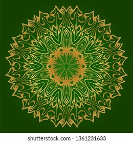 Ornamental Circle Pattern. Hand Draw Mandala. Vintage Decorative Elements. Vector Illustration. Anti-Stress Therapy Pattern. Green gold color.