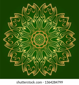 Ornamental Circle Pattern. Hand Draw Mandala. Vintage Decorative Elements. Vector Illustration. Anti-Stress Therapy Pattern. Green gold color.