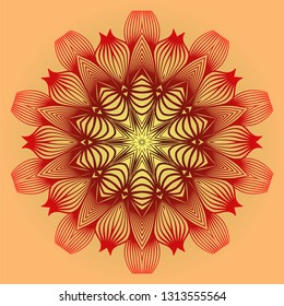 Ornamental Circle Pattern. Sacred Oriental Mandala. Color Floral Ornament. Vector Illustration. For Coloring Book, Card, Invitation, Tattoo. Anti-Stress Therapy Pattern. Red orange gold colour