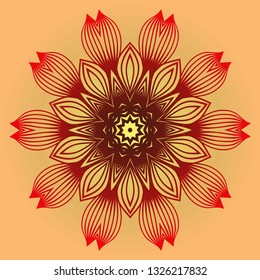 Ornamental Circle Pattern. Sacred Oriental Mandala. Color Floral Ornament. Vector Illustration. For Coloring Book, Card, Invitation, Tattoo. Anti-Stress Therapy Pattern. Red orange gold colour