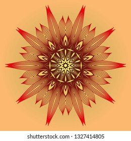 Ornamental Circle Pattern. Sacred Oriental Mandala. Color Floral Ornament. Vector Illustration. For Coloring Book, Card, Invitation, Tattoo. Anti-Stress Therapy Pattern. Red orange gold colour