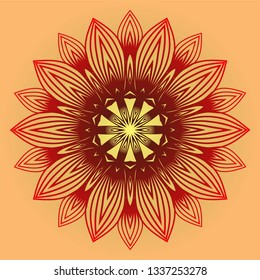 Ornamental Circle Pattern. Sacred Oriental Mandala. Color Floral Ornament. Vector Illustration. For Coloring Book, Card, Invitation, Tattoo. Anti-Stress Therapy Pattern. Red orange gold colour