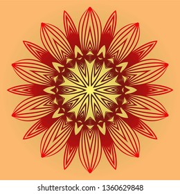 Ornamental Circle Pattern. Sacred Oriental Mandala. Color Floral Ornament. Vector Illustration. For Coloring Book, Card, Invitation, Tattoo. Anti-Stress Therapy Pattern. Red orange gold colour