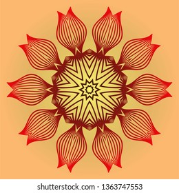 Ornamental Circle Pattern. Sacred Oriental Mandala. Color Floral Ornament. Vector Illustration. For Coloring Book, Card, Invitation, Tattoo. Anti-Stress Therapy Pattern. Red orange gold colour