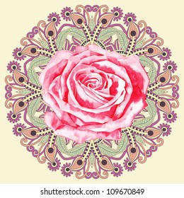 ornamental circle pattern with watercolor rose