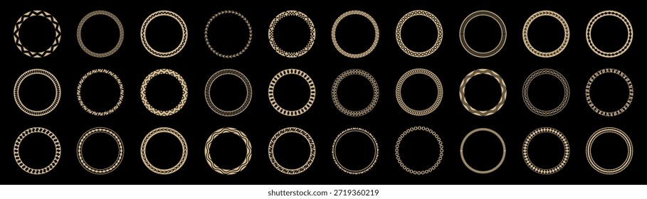 Ornamental circular frames set with luxury decorative patterns. Elegant golden rings for labels badges
