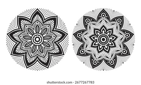 Conjunto de diseño de mandala circular ornamental con intrincados patrones abstractos florales para la Plantilla y el fondo étnicos del tatuaje del arte decorativo