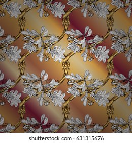 Ornamental classic vector golden pattern. Floral ornament brocade textile pattern, glass, metal with floral pattern on yellow stripe background with golden elements.