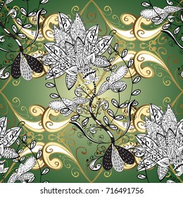 Ornamental classic vector golden pattern. Floral ornament brocade textile pattern, glass, metal with floral pattern on green, white and neutral colors with golden elements.