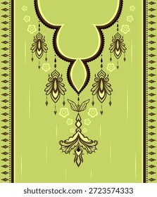Diseño de panel completo de cuello de cuello ornamental con motivos colgantes. Conveniente para la impresión textil, los paneles de la ropa, la ropa tradicional, la referencia del bordado y la fabricación de ropa.