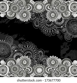 Ornamental colored floral pattern with flowers, doodles and cucumbers