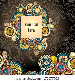 Ornamental colored floral pattern with flowers, doodles and cucumbers