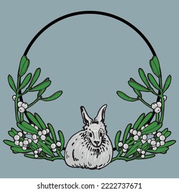 Ornamental colored frame with mistletoe and rabbit. Vector graphic image for holiday invitations, scrapbooking, packaging.
