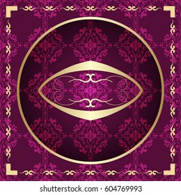 Ornamental colored luxury background with golden frame. Template for design