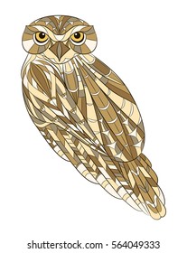 Ornamental colored owl with ethnic pattern. Print for t-shirt, poster, sticker, postcard. Totem. Red Indian, African, Indian motifs