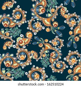 Ornamental colored seamless floral pattern with flowers, doodles and cucumbers