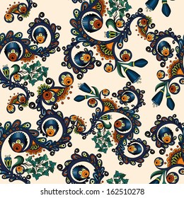 Ornamental colored seamless floral pattern with flowers, doodles and cucumbers