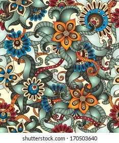 Ornamental colored seamless floral pattern with flowers, doodles and cucumbers