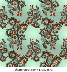 Ornamental colored seamless floral pattern with flowers, doodles and cucumbers