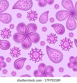 Ornamental colored seamless floral pattern with flowers, doodles and cucumbers