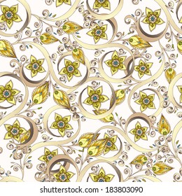 Ornamental colored seamless floral pattern with flowers, doodles and cucumbers. Used Clipping Mask for easy editing.