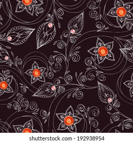 Ornamental colored seamless floral pattern with flowers, doodles, cucumbers and rubies