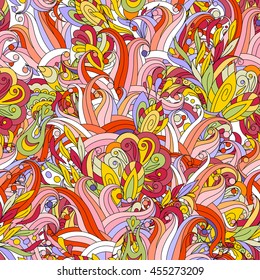 Ornamental colored seamless floral pattern with doodle flowers. Vector