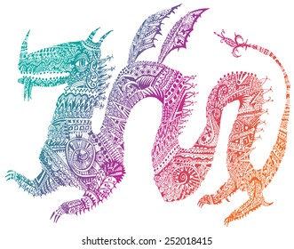 Ornamental colorful dragon in style zentangle