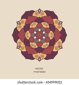 Ornamental colorful floral mandala,  hand drawn geometric pattern in oriental style. Violet, pink, beige colors. Indian, asian, arabic, islamic, ottoman, moroccan motif. Vector illustration.