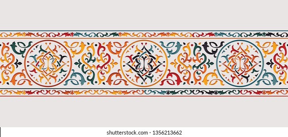 Ornamental colorful floral patterned stone relief in arabic architectural style of islamic mosque,greeting card for Ramadan Kareem