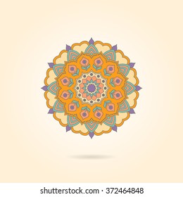 Ornamental colorful mandala on a beige background. Stylish geometric pattern in oriental style. Vector illustration.