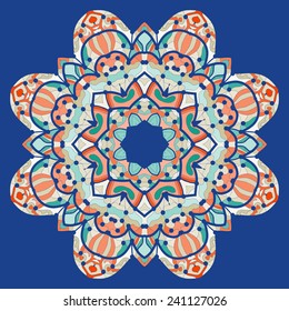 Ornamental colorful mandala. Vector square flyer card design. Invitation card. Vintage decorative element. Hand drawn background. Islamic arabic, indian, ottoman, asian motifs. Flyer template on blue