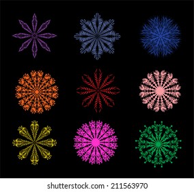 Ornamental colorful mandalas or snowflakes, vector set