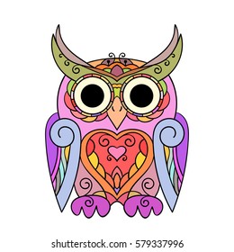 Ornamental colorful owl isolated on white background, Vector illustration 