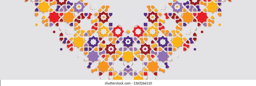 Ornamental colorful patterned stone relief in arabic architectural style of islamic mosque,greeting card for Ramadan Kareem
