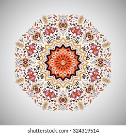 Ornamental colorful round geometric pattern in aztec style