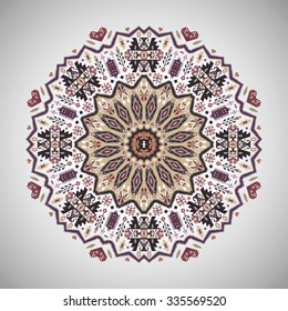 Ornamental colorful round geometric pattern in aztec style