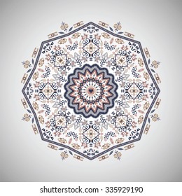 Ornamental colorful round geometric pattern in aztec style