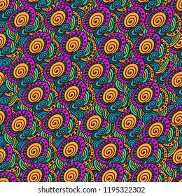 Ornamental colorful seamless pattern with hand drawn doodle elements. Colorful design for bright textile or fabric design, wrapping paper, cover, bed linen, kitchen or bathroom print.