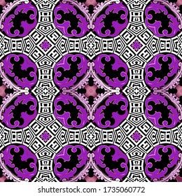Rastreo ininterrumpido de vector colorido y ornamental. Ornamentos serpenteantes de clave griega. Resumen del fondo floral. Flores barrocas de estilo victoriano vintage, hojas. Formas geométricas, marcos, curvas. Diseño ordenado.