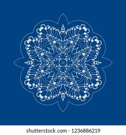 Ornamental colouring pattern in a snowflake shape on blue.