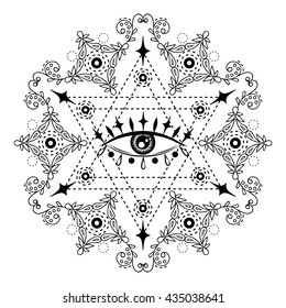 Ornamental composition with all seeing eye and sacred geometry. Hand drawn vintage style design. Alchemy, spirituality, occultism. Vector illustration isolated on white.